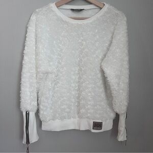 CHICME White Crew Neck Fluffy Sweater Zipper-Sleeves Size M EUC
